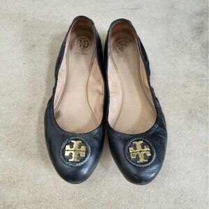 Tory Burch Allie Ballet Flats Elasticized Slip On Travel Black Leather Women 9.5